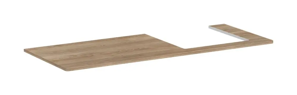 Holzplatte mit Ausschnitt auf der rechten Seite, geeignet für einen Aufsatzwaschtisch. Hansgrohe-Design, in Natur-Eiche-Optik.